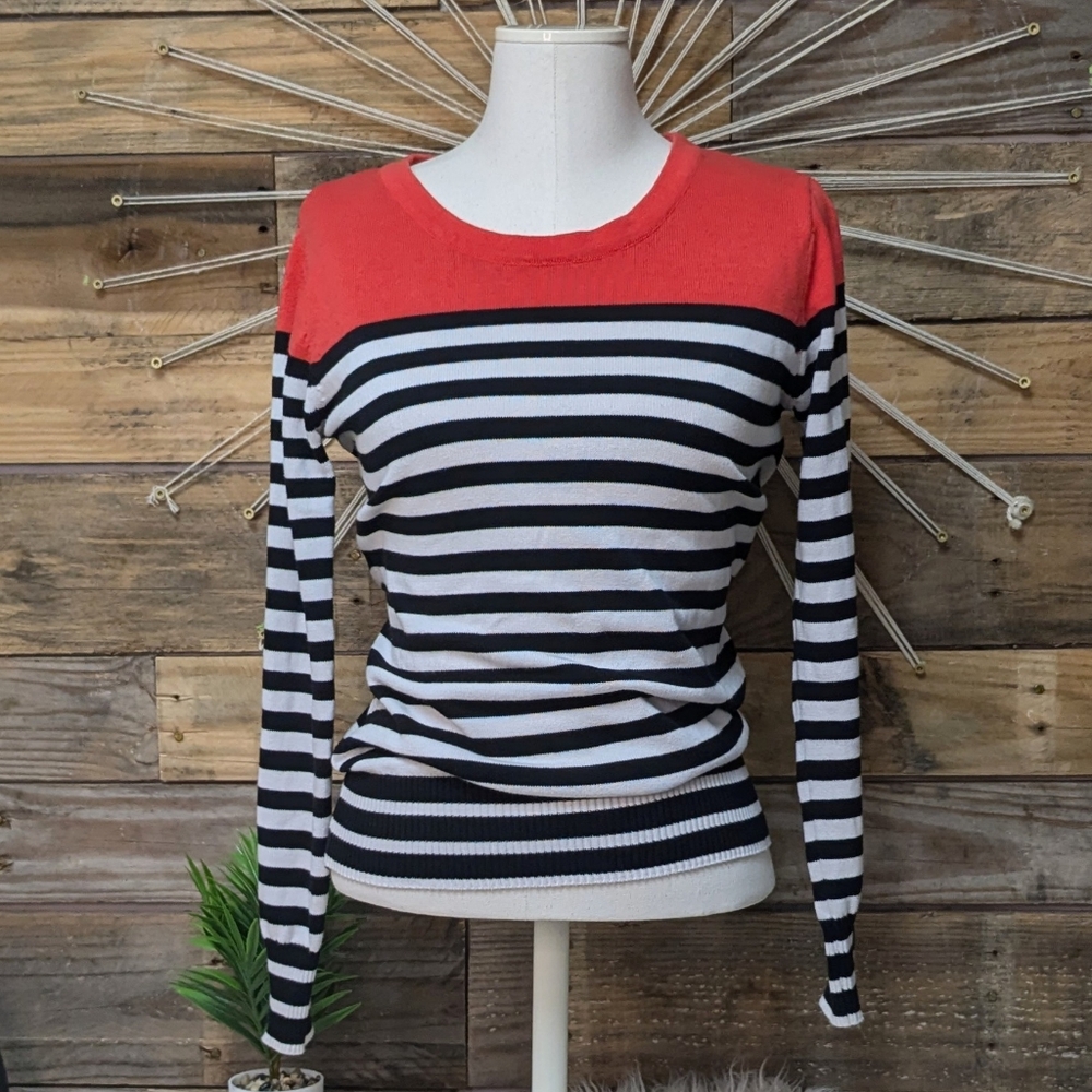 Striped Black and White Top with Red Accent